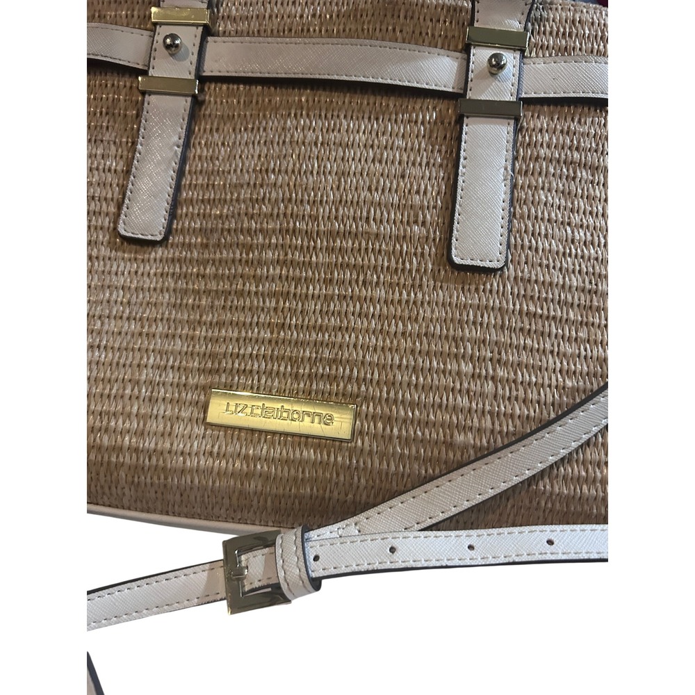 Liz Claiborne Straw Satchel Handbag Womens Medium Tan Cream Excellent Woven Boho - Picture 4 of 12
